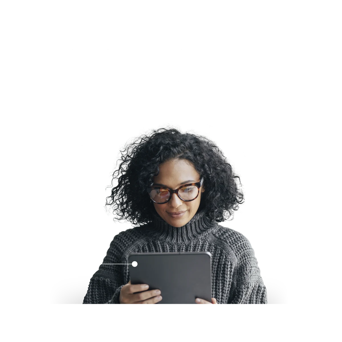 woman with curly hair holding a tablet and a popular series table behind her